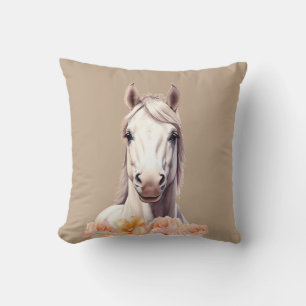 Coussin Beau cheval et fleurs roses sur fond beige