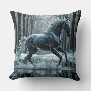 Coussin Beau Cheval Noir Galopant Dans L'eau