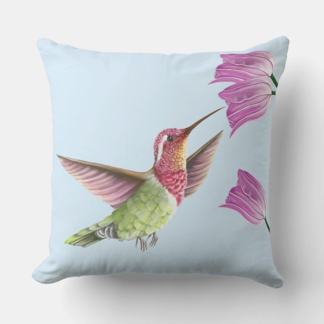 Coussin Beau colibri en vol avec tulipes (Recto)