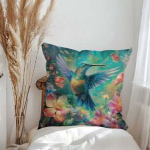 Coussin Beau colibri entouré de fleurs