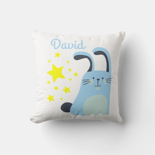 Coussin Beau dessin animé bleu lapin bébé garçon avec nom (Recto)