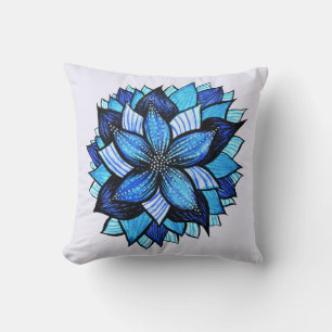 Coussin Beau dessin d'encre de fleur bleue Abstraite