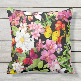 Coussin Beau, floral, peint à la main, fleurs, noir, dos