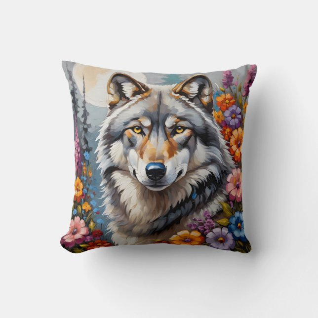 Coussin Beau loup gris et fleurs (Recto)