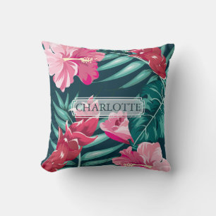 Coussin Beau Monogramme de fleurs roses exotiques