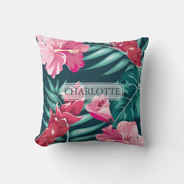 Coussin Beau Monogramme de fleurs roses exotiques (Recto)