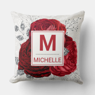 Coussin Beau Monogramme de Fleurs Rouge Profond et Argent