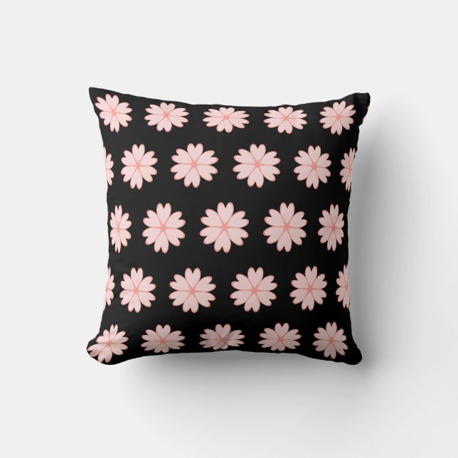 Coussin Beau Motif de Fleur de Coeur Rose sur Noir (Recto)
