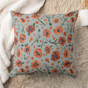 Coussin Beau Motif de fleurs de pavot peint à la main
