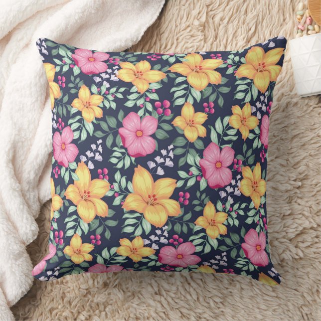 Coussin Beau motif floral Fleurs Feuillage Bleu Rose (Couverture)