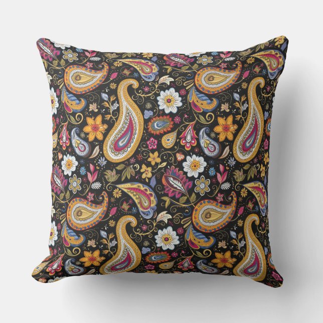Coussin Beau Motif Paisley noir coloré (Recto)