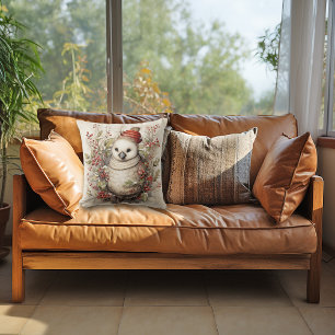 Coussin Beau oiseau de Noël blanc portant un Casquette rou