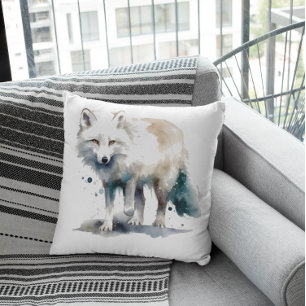 Coussin Beau renard polaire en aquarelle blanche et bleue