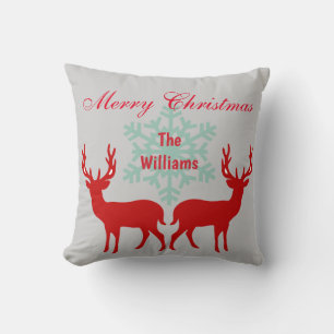 Coussin Beau renne Joyeux Noël Argent et Rouge
