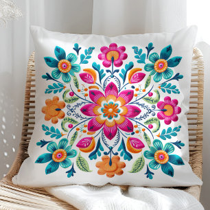 Coussin Beau rose Turquoise Orange Mexicain Floral