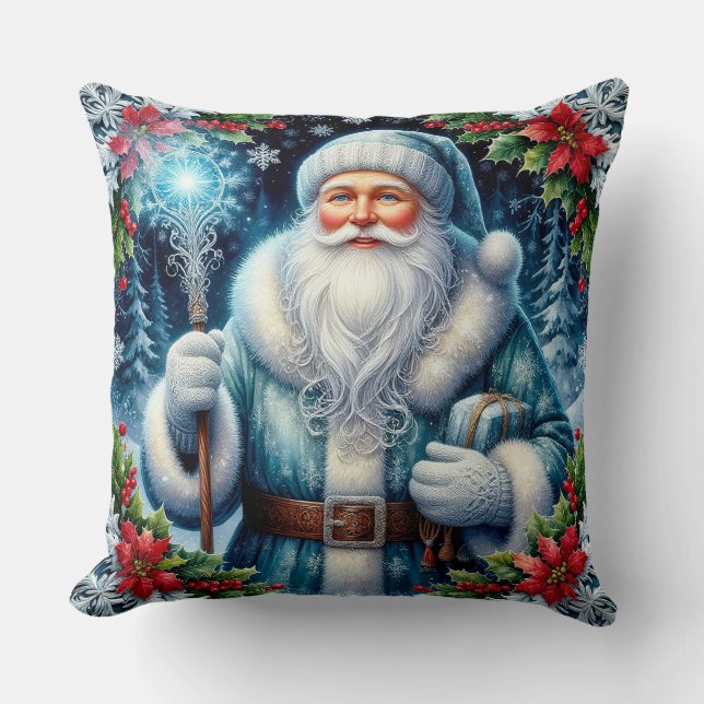 Coussin Beau Santa vêtu de bleu avec des décorations hiver (Recto)