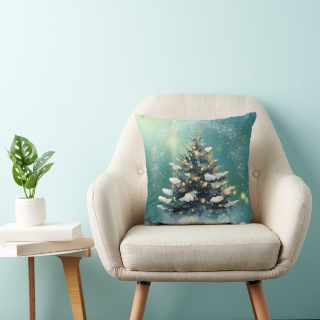Coussin Beau sapin de Noël avec lumières de neige et d'or (Chaise)