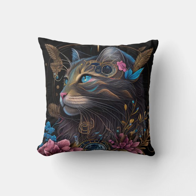Coussin Beau steampunk Maine Coon avec fleurs IA art (Recto)