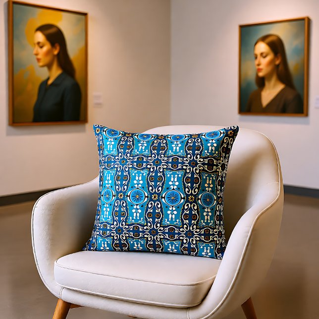 Coussin 💙 🤎 Beau turquoise - brun Azulejos, 8 (💙🤎 Beautiful turquoise - brown Azulejos, 8 Throw Pillow)