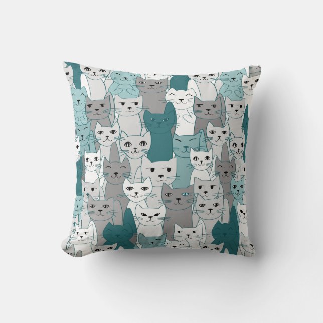 Coussin Beaucoup de Turquoise gris blanc chats design (Recto)