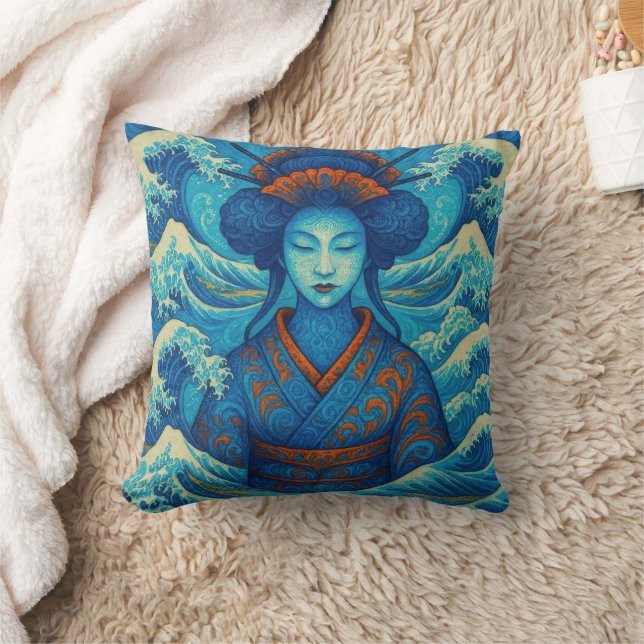 Coussin Beauté orientale Geisha Kanagawa vagues bleues (Couverture)