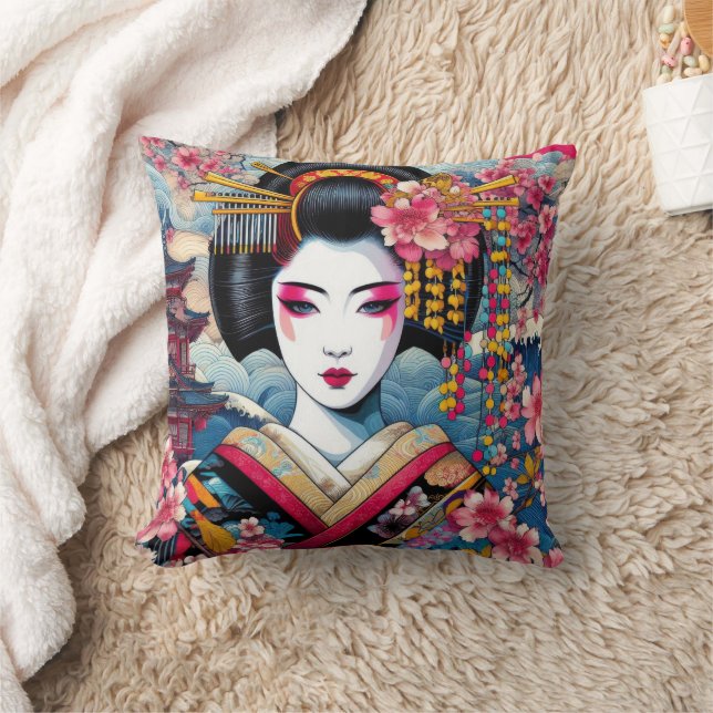Coussin Beauté orientale Geisha Maiko sakura fleurs vagues (Couverture)