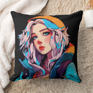 Coussin Beauté Turquoise : Fille d'anime dessinée à la mai