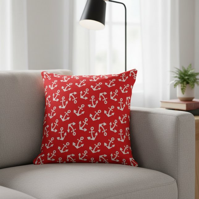Coussin Beautiful Red And White Anchors Nautical Large (Red and white anchors large cotton pillow.)