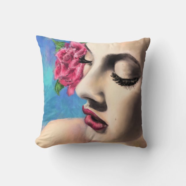 Coussin Beauty Woman avec Rose rouge - Art de la peinture  (Recto)