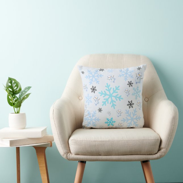 Coussin Beaux bonhommes de neige et flocons de neige en bl (Chaise)
