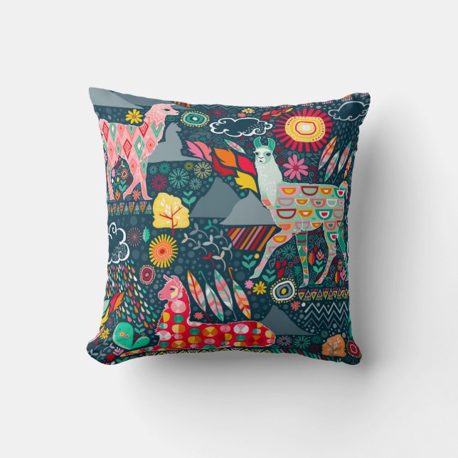 Coussin Beaux lamas sur le bleu - carreau (Recto)