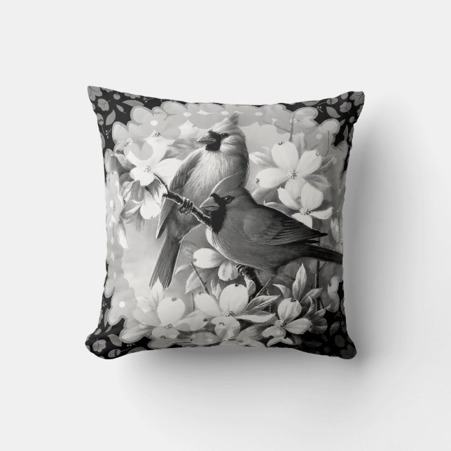 Coussin Beaux oiseaux cardinaux en noir et blanc (Recto)