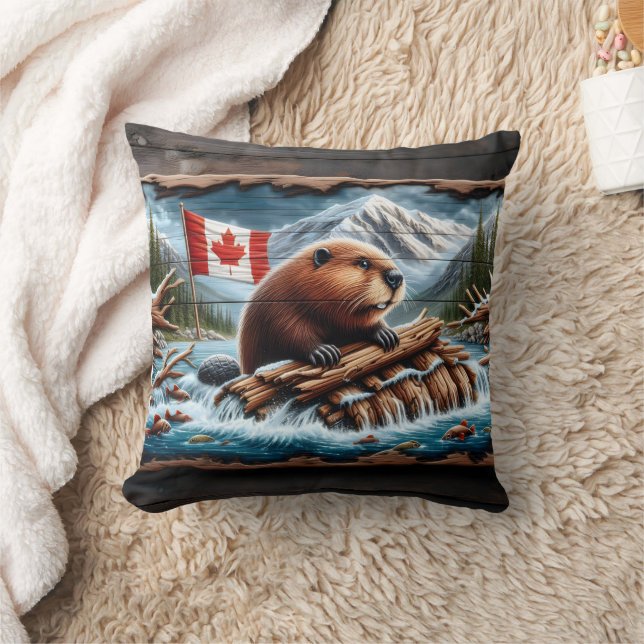 Coussin Beaver Builds Lodge by Mountain Stream (Couverture)