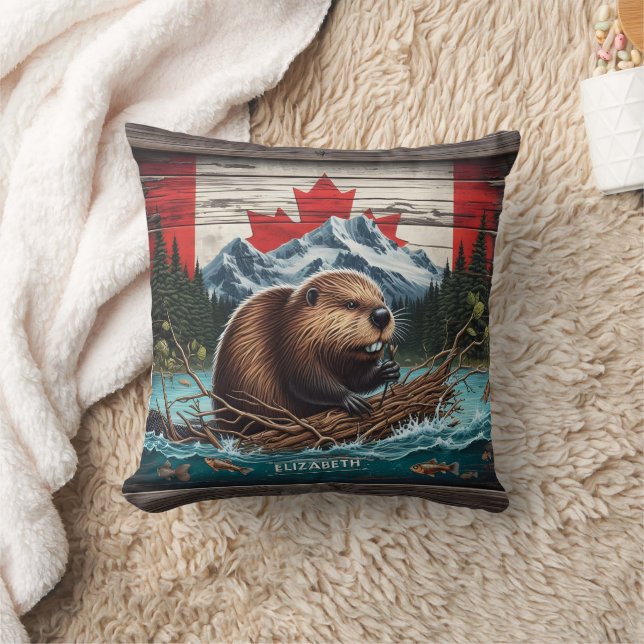 Coussin Beaver by Mountain, drapeau canadien (Couverture)