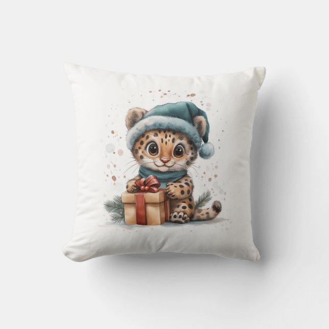 Coussin Bébé adorable Leopard à Santa Hat avec cadeau (Recto)