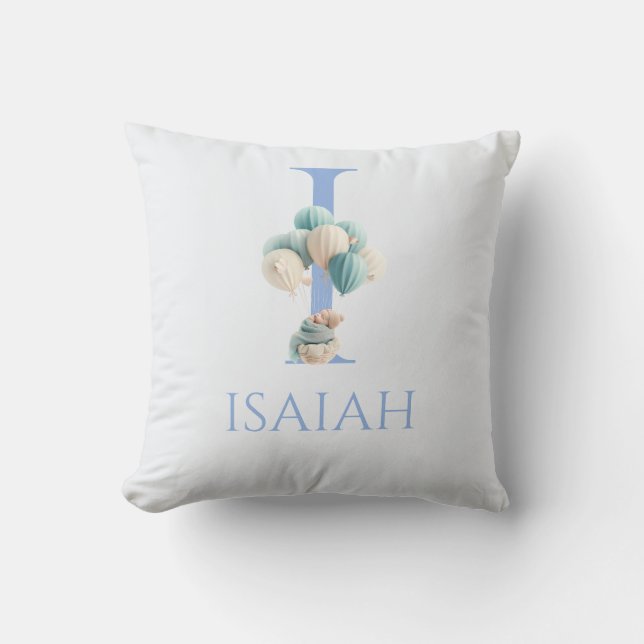 Coussin Bébé au nom personnalisé flottant avec des ballons (Recto)