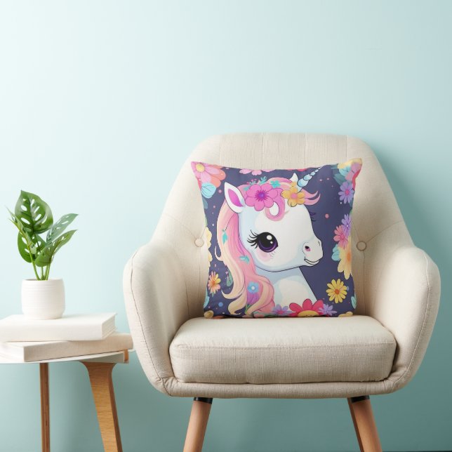 Coussin Bébé blanc adorable licorne avec fleurs (Chaise)