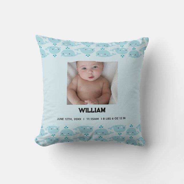 Coussin Bébé bleu Nom du garçon Date de naissance Statisti (Recto)