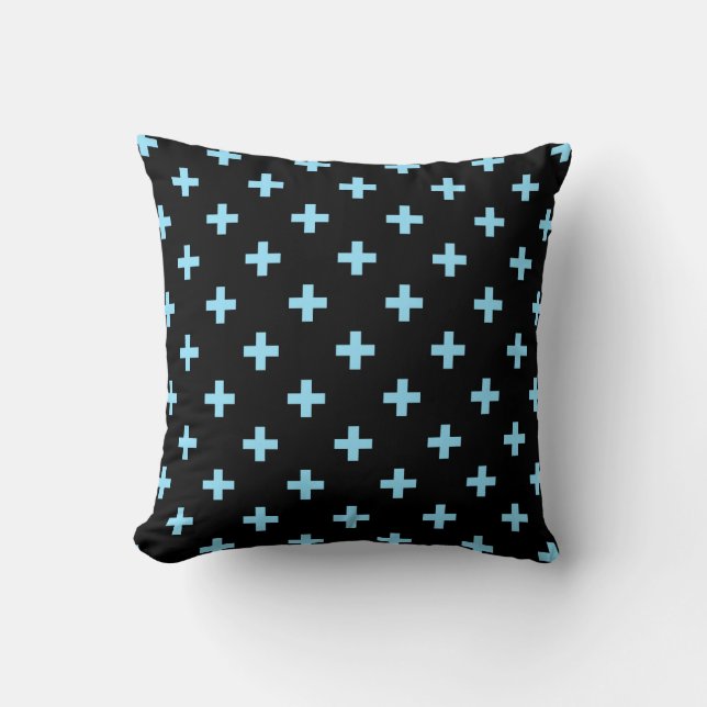 Coussin Bébé bleu polka croise sur noir (Recto)