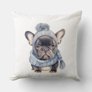 Coussin Bébé Bouledogue d'hiver en bonnet et écharpe bleus