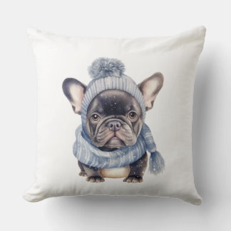 Coussin Bébé Bouledogue d'hiver en bonnet et écharpe bleus