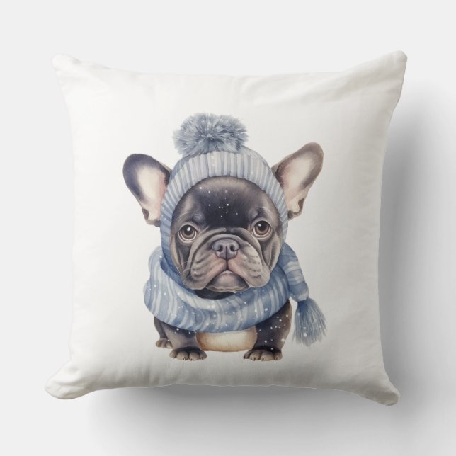 Coussin Bébé Bouledogue d'hiver en bonnet et écharpe bleus (Recto)