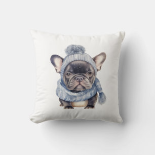 Coussin Bébé Bulldog d'hiver en Casquette bleu et Écharpe