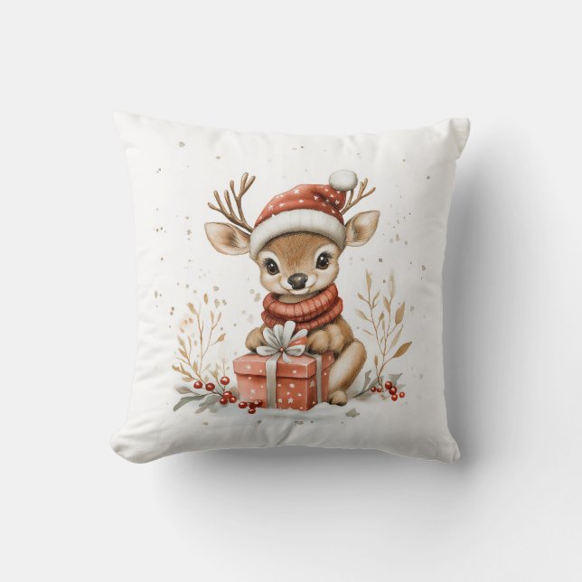 Coussin Bébé cerf en rouge Noël chapeau de Père Noël (Recto)