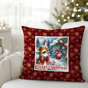 Coussin Bébé cerf gracieux forêt enneigée Noël festive