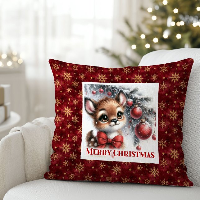 Coussin Bébé cerf paisible aquarelle Noël cadeau de Noël (Peaceful Baby Deer Watercolor Snowy Gift Christmas pillow)