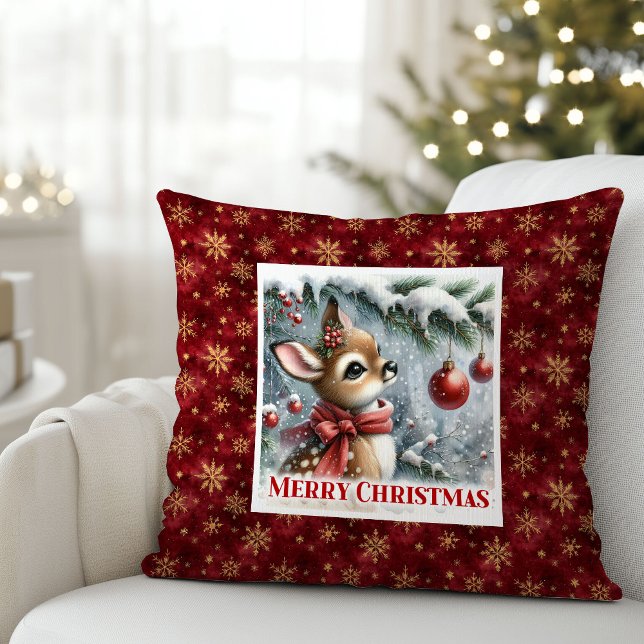 Coussin Bébé cerf radieux scène de Noël forêt enneigée  (Radiant baby deer snowy forest Christmas scene pillow)