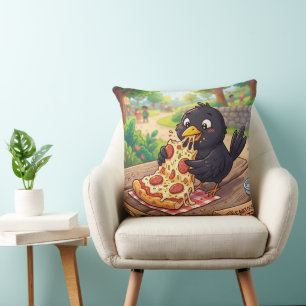 Coussin Bébé Corbeau Cartoon Mangeant une Pizza