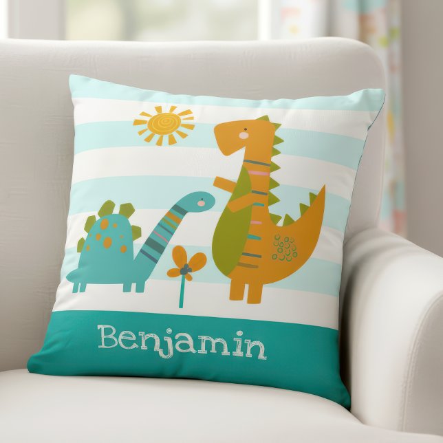 Coussin Bébé Dinosaures mignonettes Turquoise Stripes Kawa (Créateur téléchargé)