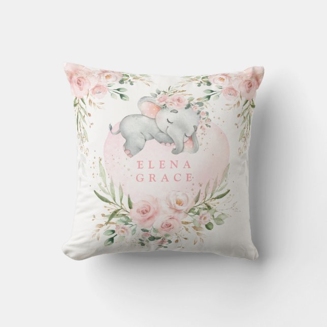 Coussin Bébé doux Eléphant Blush Rose Floral Vert (Recto)